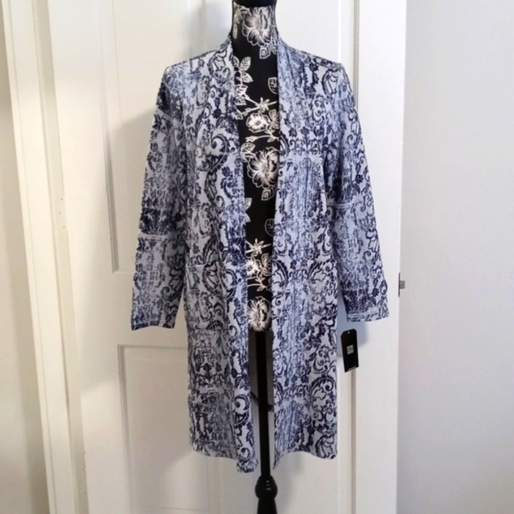 🆕️ 💙HTF Clara Sunwoo💙 - Blue/Gray Scroll Filigree Open Front Cardigan Jacket